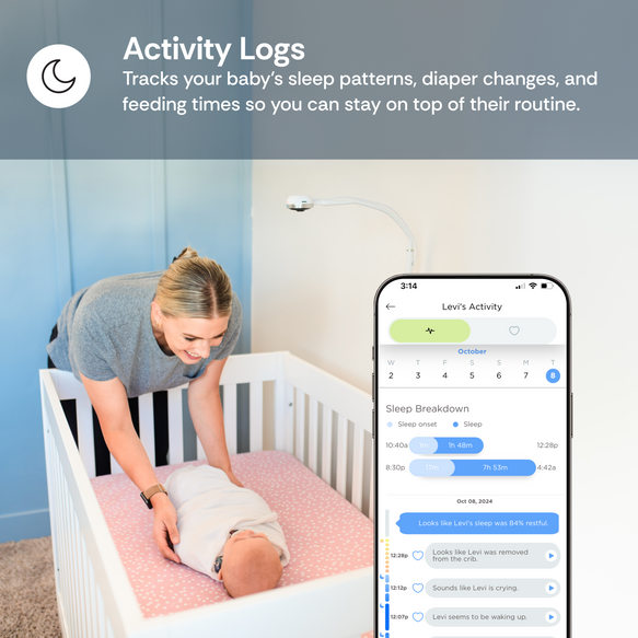 Woman tending to a baby in a crib with a smartphone displaying activity logs.