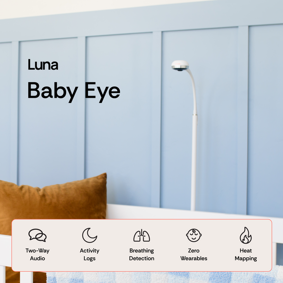 Baby monitor with features listed below it against a light blue wall.