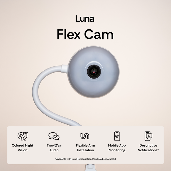 Luna Flex Cam with features listed on a beige background