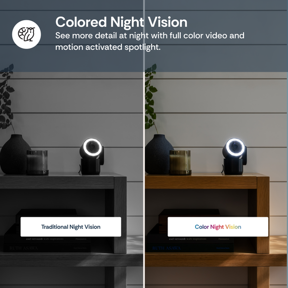 Comparison of traditional night vision and colored night vision on a device with colored night vision showing more detail at night.
