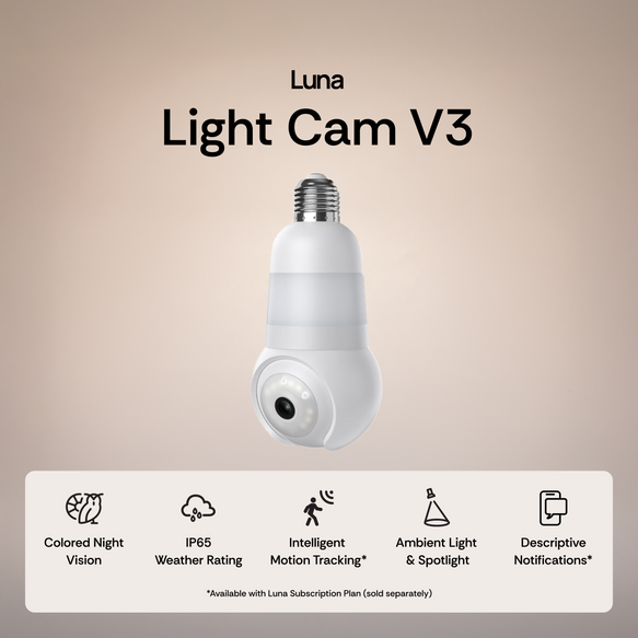 Luna Light Cam V3 with features listed on a beige background