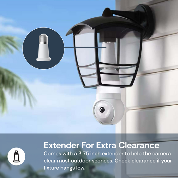 Outdoor security camera with extender on a wall, clear sky background