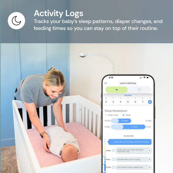 Baby being cared for by a woman with an app on a smartphone displaying activity logs.