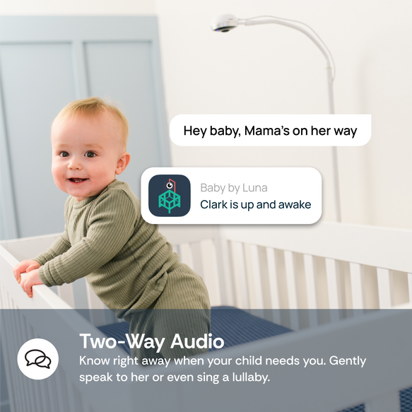 Baby in a crib with a display of 'Hey baby, Mama's on the way' and 'Two-Way Audio' text