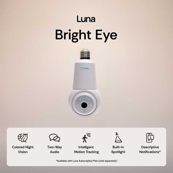 Luna Bright Eye smart light bulb on a beige background with feature icons below.