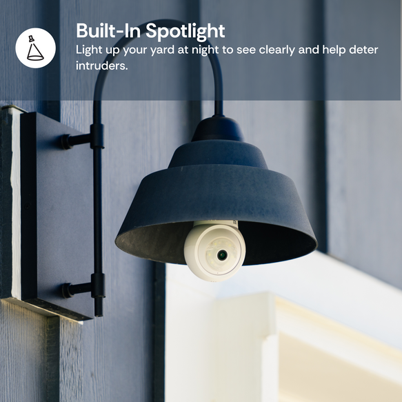Wall-mounted spotlight lightbulb camera with text about its security benefits on a gray wall.
