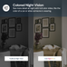 Dining room with cats on the floor, featuring text about colored night vision technology.
