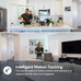 Two images of a man with a child in a kitchen and living room, with text about intelligent motion tracking.
