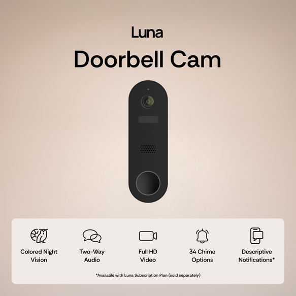 Luna doorbell cam on a beige background with features listed below.