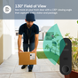 Person with a package and a doorbell camera with a 130-degree field of view, showing a wide-angle view.