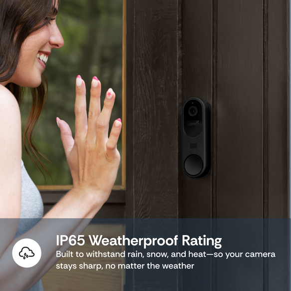 Woman using a smart doorbell with text about weatherproof rating