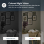 Dining room with cats on the floor, featuring text about colored night vision technology.
