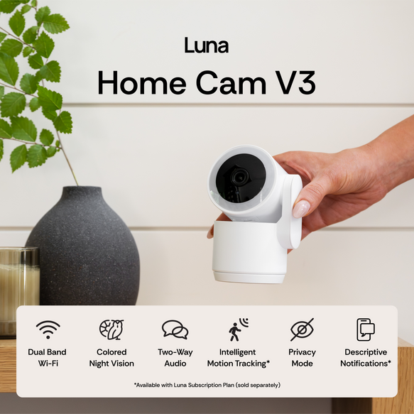 Luna Home Cam V3 being held by a hand with product features listed below.