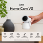 Luna Home Cam V3 being held by a hand with product features listed below.