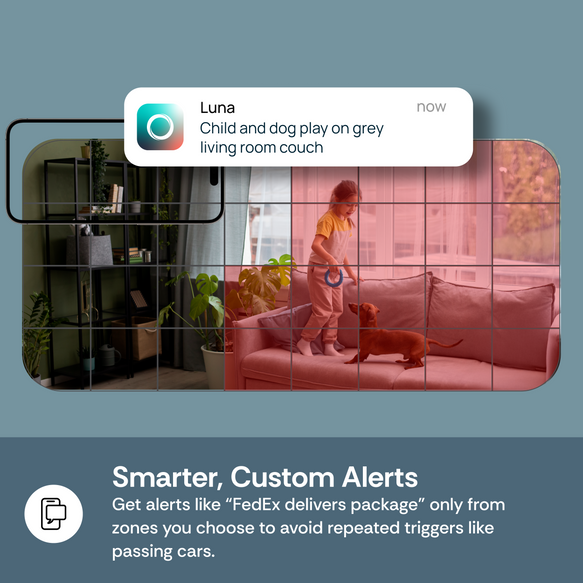 Smart home device screen showing a child and dog on a couch with a notification about them, and text about smarter custom alerts.