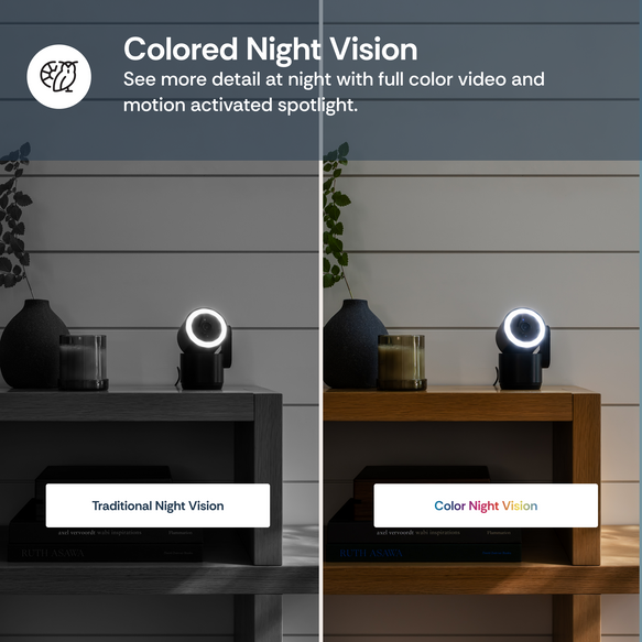 Comparison of traditional night vision and colored night vision on a camera with a wooden shelf background.