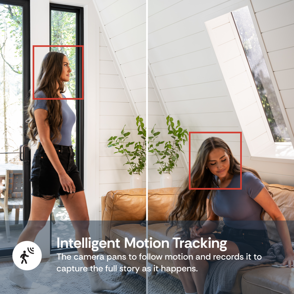 Woman walking and sitting on a couch with text about intelligent motion tracking.