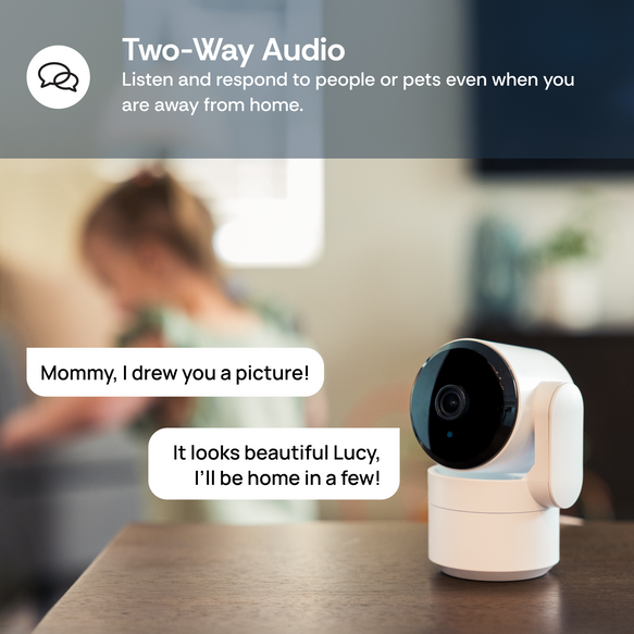 Smart home security camera with two-way audio feature on a table, child drawing text overlay.