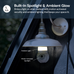 Wall-mounted light fixture camera with built-in spotlight and ambient glow feature on a dark background.