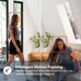 Woman in a modern living room with text about intelligent motion tracking.