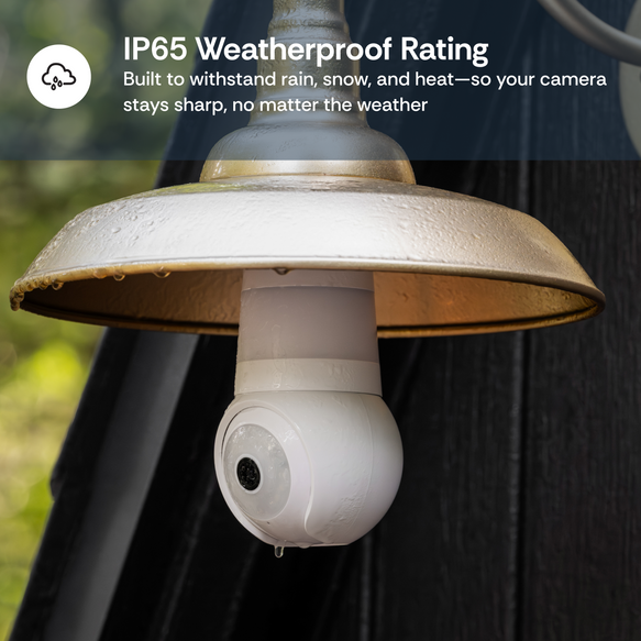 Outdoor security camera with IP65 weatherproof rating under a metal lampshade.