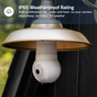 Outdoor security camera with IP65 weatherproof rating under a metal lampshade.