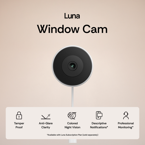 Luna Window Cam with features listed on a beige background