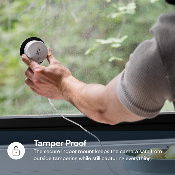 Person holding a camera with a transparent background and text about tamper-proof security.
